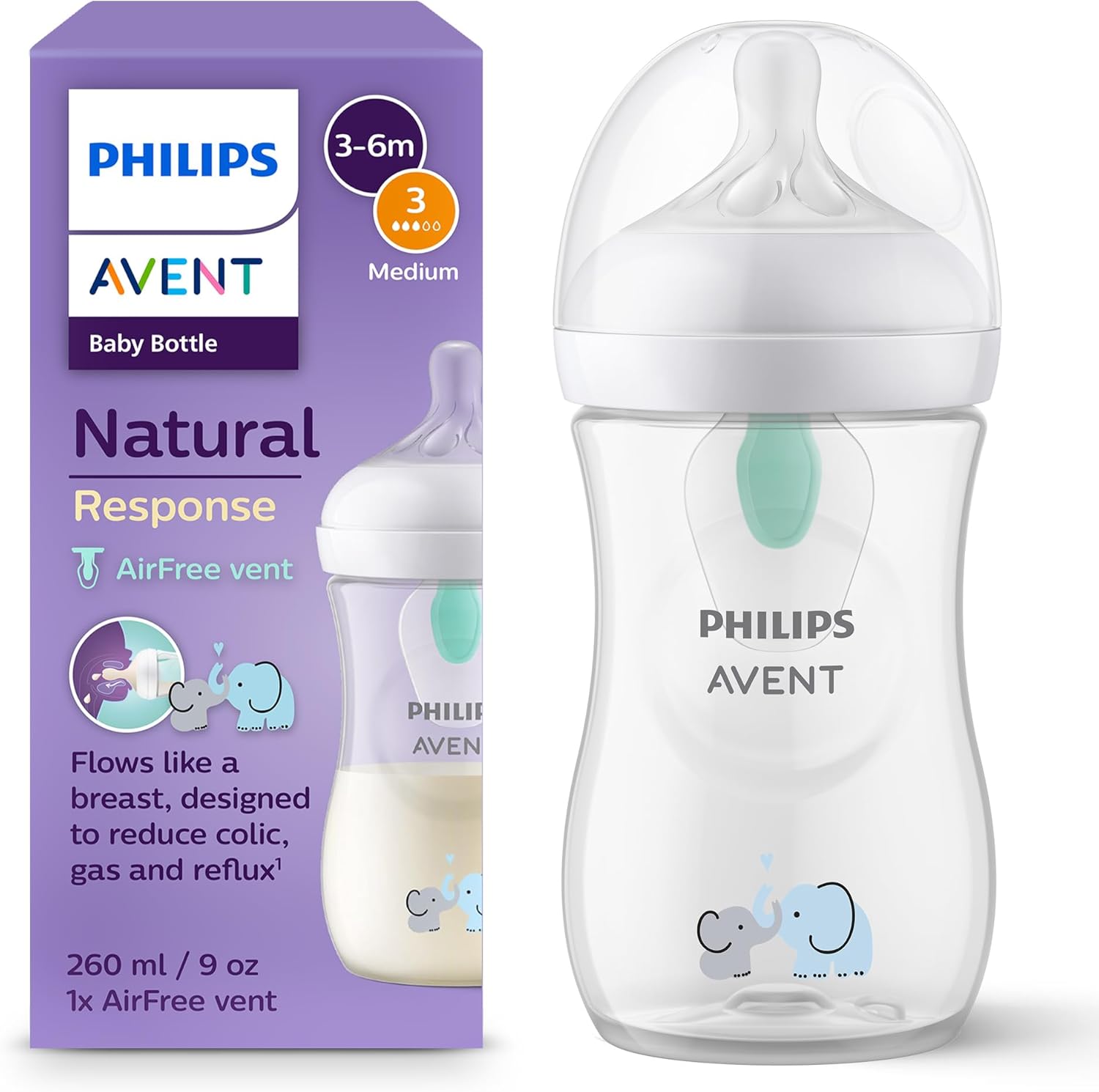 Philips Avent Natural Response – Butelka z zaworkiem AirFree (260 ml) Model: SCY673/81 | Wzór: Słoń | Wiek: 1m+ 1 Philips Avent Natural Response – Butelka z zaworkiem AirFree (260 ml) Model: SCY673/81 | Wzór: Słoń | Wiek: 1m+