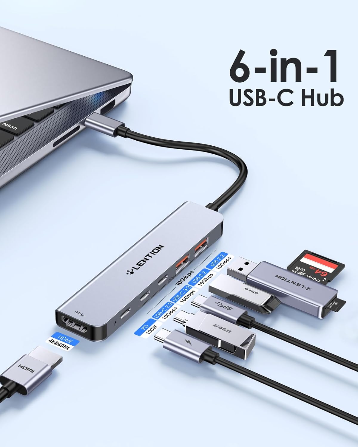 LENTION Hub USB C 10 Gb/s z 4K przy 60 Hz HDMI, 2 USB-C i 2 USB-A w USB 3.2 Gen 2x1 2 LENTION Hub USB C 10 Gb/s z 4K przy 60 Hz HDMI, 2 USB-C i 2 USB-A w USB 3.2 Gen 2x1 - obrazek 2