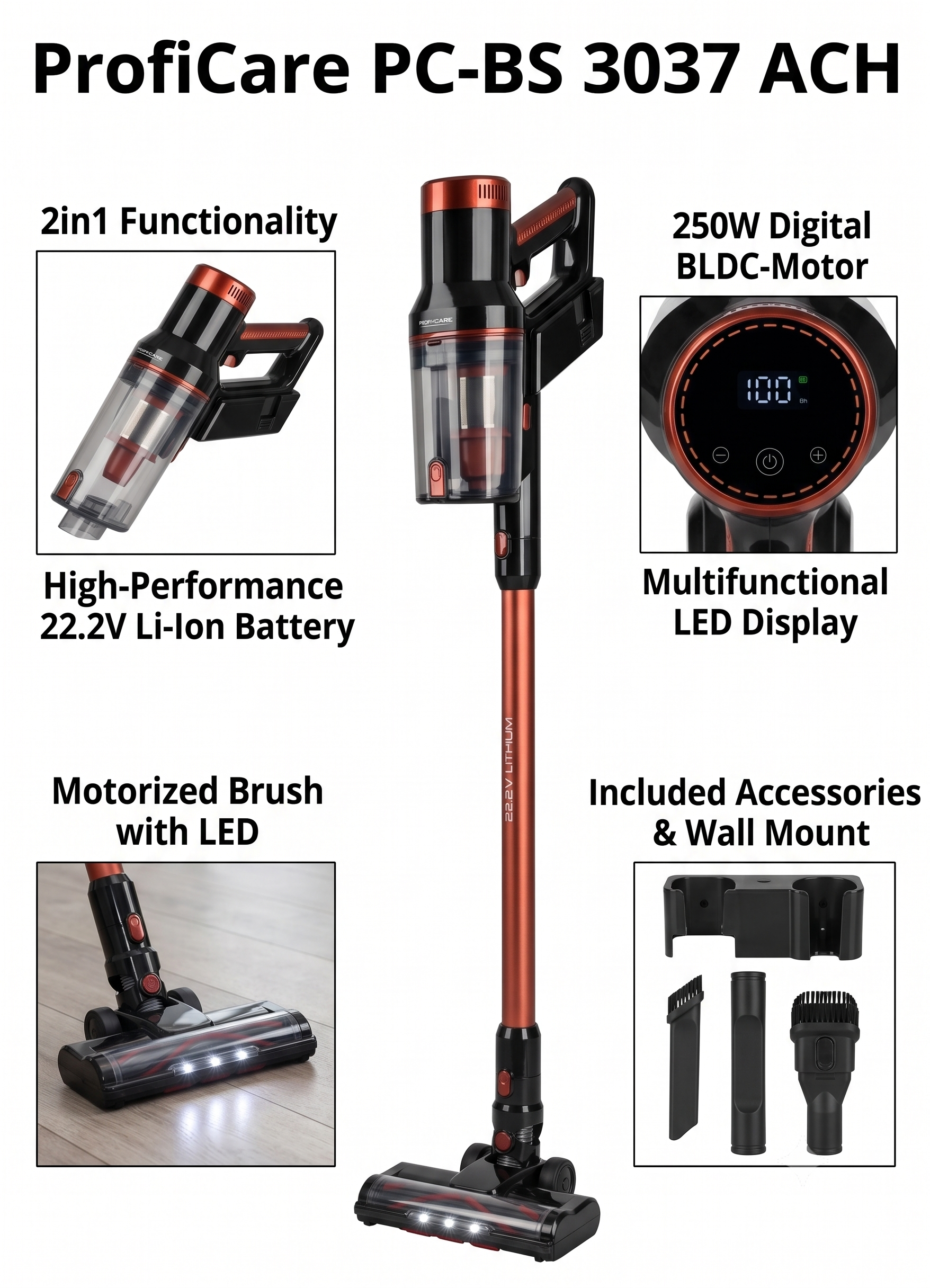 Odkurzacz Pionowy Bezprzewodowy 2w1 ProfiCare PC-BS 3037 ACH | Silnik BLDC 250W | Bateria 22.2V Li-Ion | Wyświetlacz LED 1 Odkurzacz Pionowy Bezprzewodowy 2w1 ProfiCare PC-BS 3037 ACH | Silnik BLDC 250W | Bateria 22.2V Li-Ion | Wyświetlacz LED