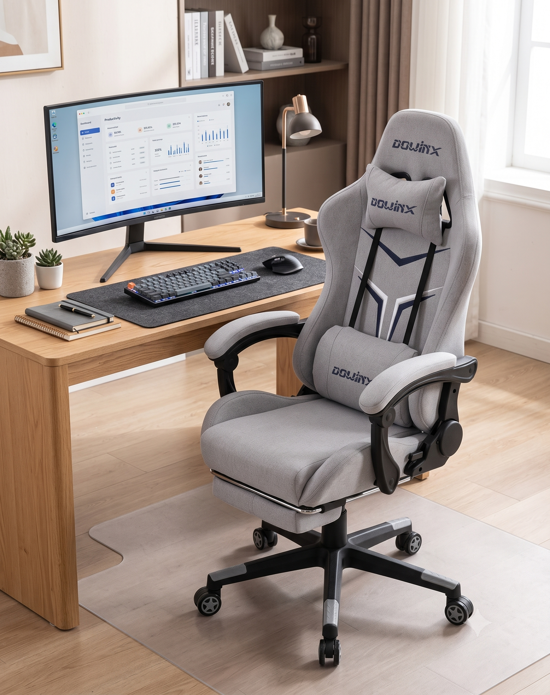 Ergonomiczny Fotel Gamingowy Dowinx z Podnóżkiem i Masażem Lędźwiowym – Oddychająca Tkanina, Jasny Popiel (Jasnoszary) 2 Ergonomiczny Fotel Gamingowy Dowinx z Podnóżkiem i Masażem Lędźwiowym – Oddychająca Tkanina, Jasny Popiel (Jasnoszary) - obrazek 2