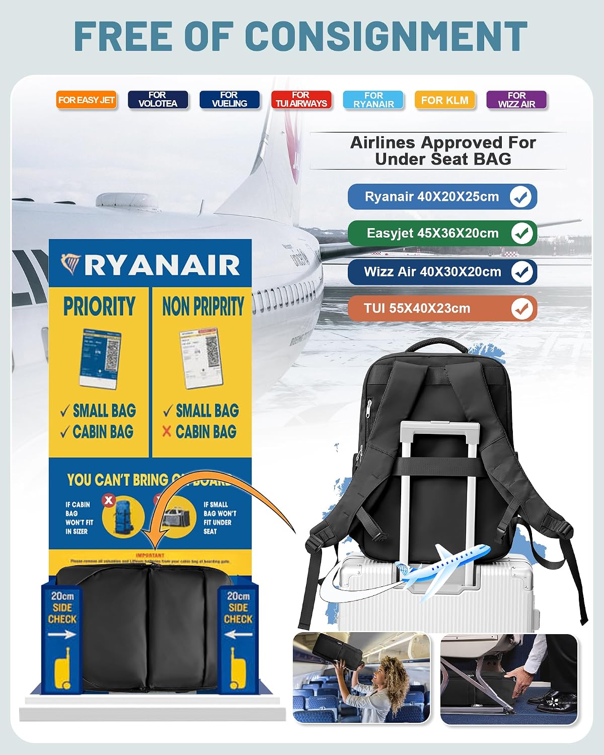 Plecak Ryanair 40x20x25 cm 20 l czarny na laptopa 14 cali podróżny 6 015e641991aa790f8dd998811dfd2a34