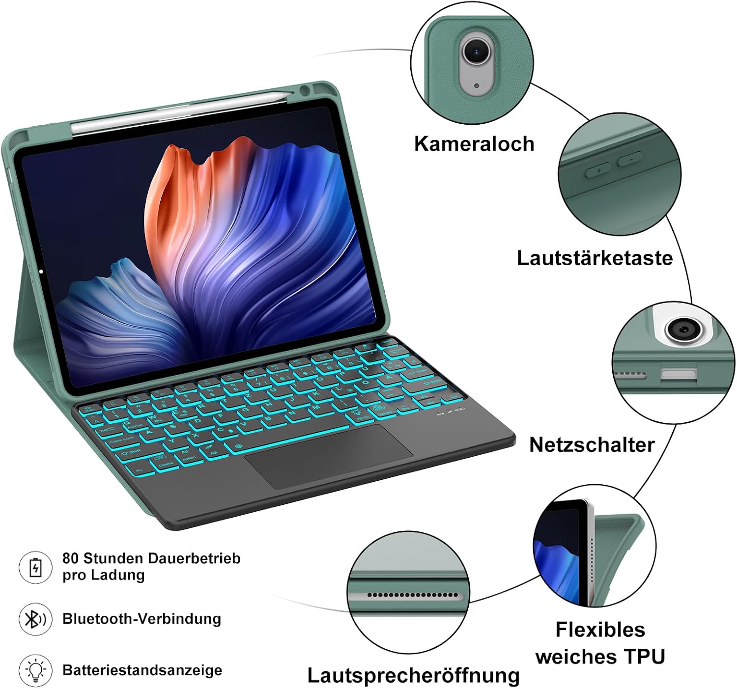 Etui Lenovo Tab P12 ciemnozielone 7 kolorów oświetlenia touchpad 6 7600f360195e22b80c6aa9f64736f224