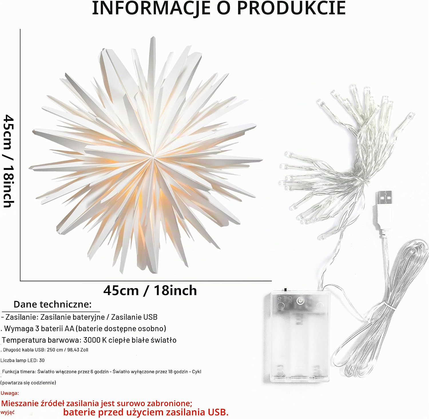 Gwiazda EANLOLY podświetlana EANLOLY biała 45 cm dekoracja okienna 3D 3 a56d78e3cf5595a1fa23a0d546030159