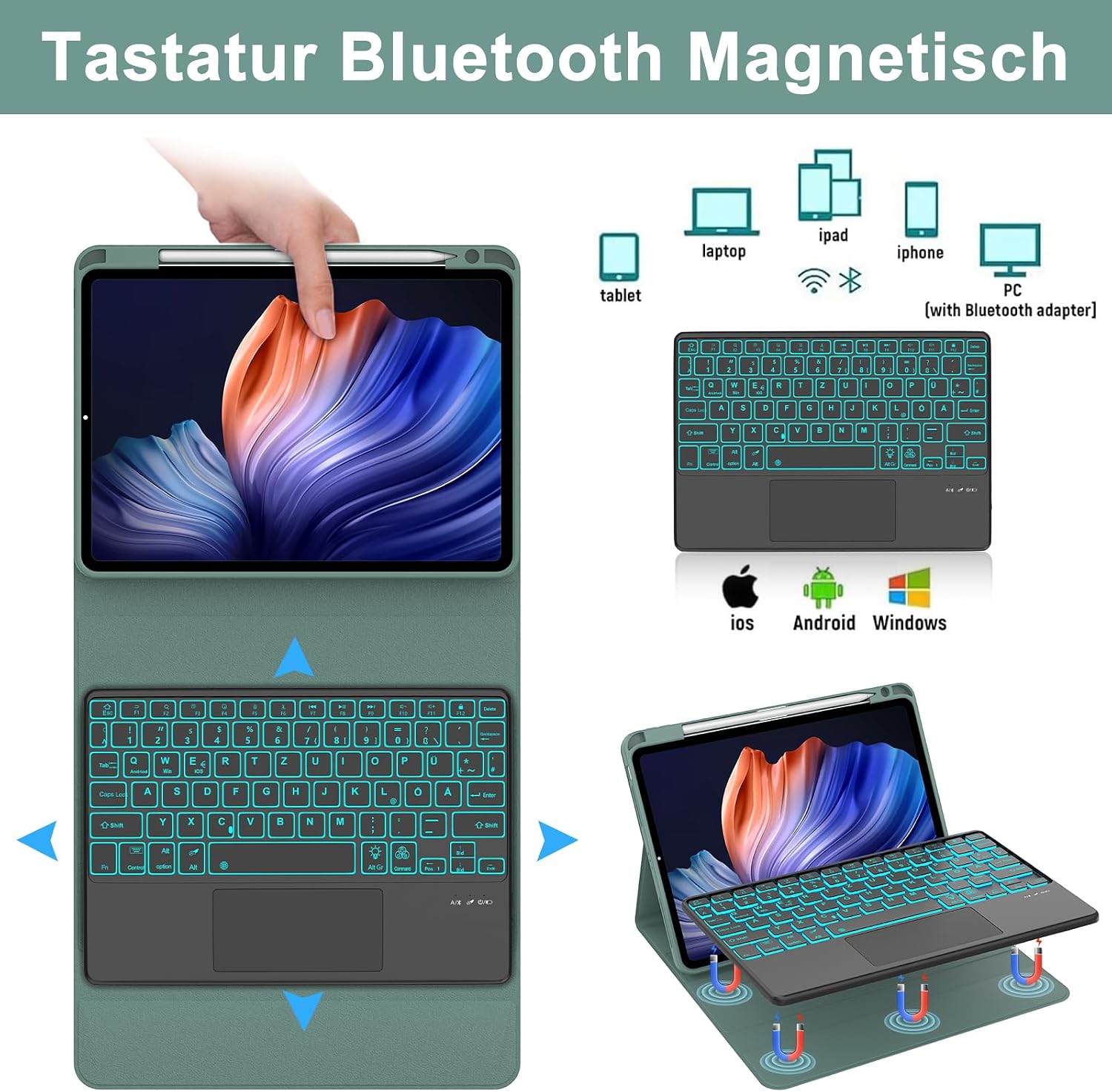 Etui Lenovo Tab P12 ciemnozielone 7 kolorów oświetlenia touchpad 4 84ffeaffe4f62994b916ecef0eaa6f7b